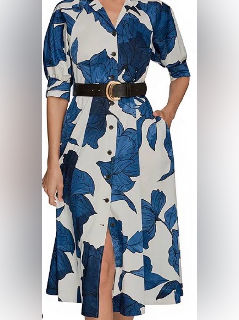 Donna Karan Blue and White Floral Midi Dress